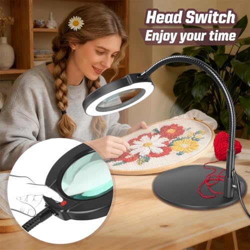 10X Magnifying Glass with Light and Stand, 16.5in Flexible Goose-Neck, 5 Color Modes Stepless Dimmable LED Lighted Desk Lamp, Hands Free Magnifier for Crafting Hobby Painting Close Work - Black