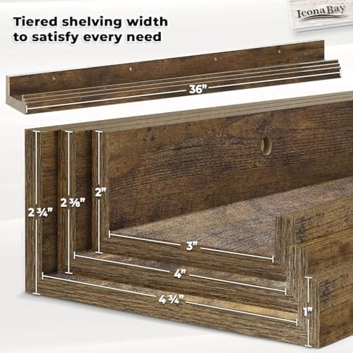Icona Bay 36 Inch Floating Shelves for Wall - Set of 3 in Walnut Brown - Modern Rustic Style - Wall Mounted Display Shelves - Picture Ledges