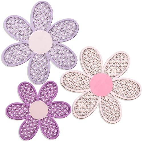Maitys 3 Pieces Boho Daisy Wall Decor Natural Rattan Flower Wall Hanging Art Wooden Boho Art Nursery Flowers Farmhouse Hanging Decor for Home Office Nursery(Pink, Purple)