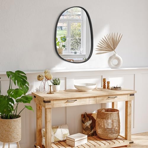 Wood Frame Hanging Mirror for Wall Asymmetrical Irregular Black Oval Wall Mirror for Bathroom Wall Mirrors Decorative for Bedroom Living Room Entryway Hallway Unique Mirror
