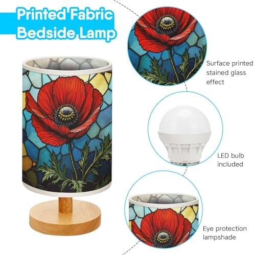 Poppy Table Lamp LED 3-Color Pressed Bedside, Poppy Shade Lamp with Wood Base for Bedroom Living Room Desk Office TL01