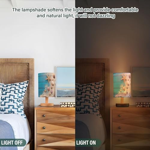 Table Lamp Summer Seashell Starfish Rope Sand on Blue Wood Nightstand Lamp with Wood Base Fabric Lamp Shade Bedside Desk Lamp for Living Room Bedroom Kids Room Office