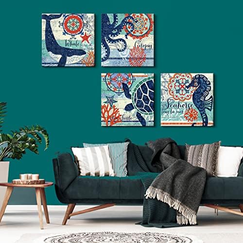 4 Panel Teal Blue Home Wall Art Decor Framed Artwork for Bathroom Living Room Canvas Print Beach Coastal Sea Turtle Octopus Seahorse Whale Pictures Posters Bedroom Decoration 20 x 20 / Piece Set