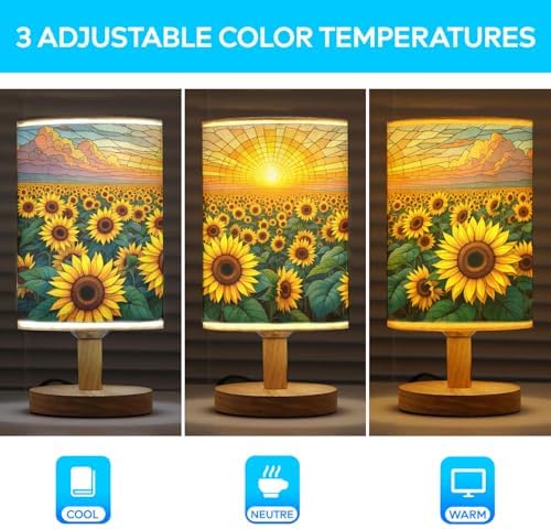 Sunflower Field Table Lamp LED 3-Color Pressed Bedside, Sunflower Field Shade Lamp with Wood Base for Bedroom Living Room Desk Office TL01