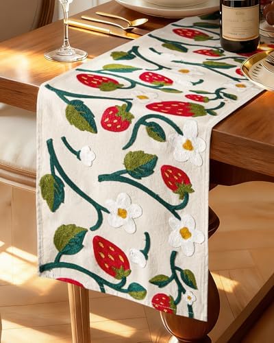 Canvas Embroidered Narrow 13"x 72" Table Runner, Strawberry