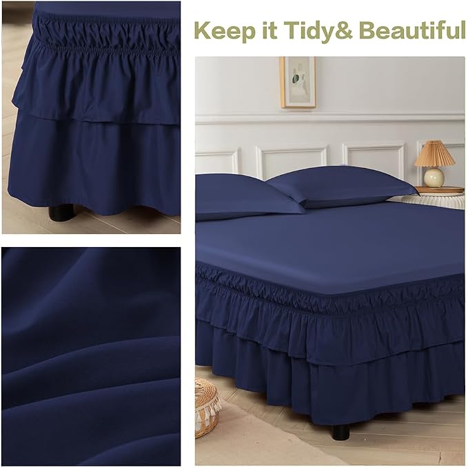 Double-Layered Ruffled Bed Skirt,Navy,Twin/Twin XL, 14" Drop | Wrap Around, Adjustable Elastic, 2 Layer, Machine Washable Soft Fabric, Multi Ruffle Bedskirt