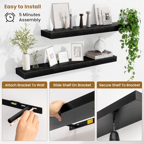 Fun Memories Floating Shelves for Room Wall, 36 Inch Long Shelf Set of 2， Hanging Wood Shelves for Storage & Display, Black