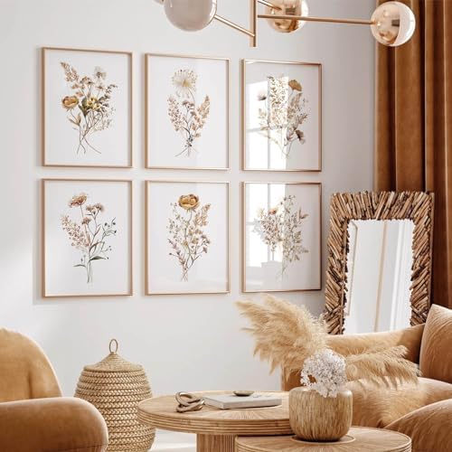 Watercolor Flower Wall Art Set of 6 Botanical Wildflower Wall Decor Boho Neutral Canvas Wall Art Vintage Prints Floral Pictures Minimalist Farmhouse Poster for Room Bedroom 12x16 Inch Unframed