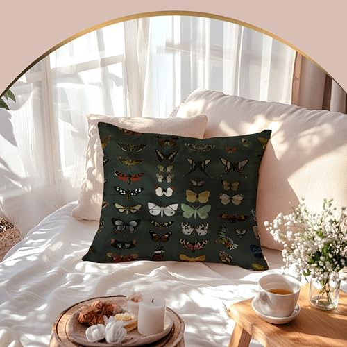 Dark Green Butterfly Pillow Covers 18x18 Double-Sided, Butterfly Room Home Decor, Vintage Moody Cottagecore Rustic Colorful Moths Decorative Throw Pillow Covers