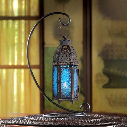 NEEDOMO Hanging Moroccan Lantern, 11'' Vintage Candle Holder, Metal Lanterns Decorative Indoor Outdoor, Table, Patio, Porch, Shelf, Gothic Home Decor (Blue, Medium Size)