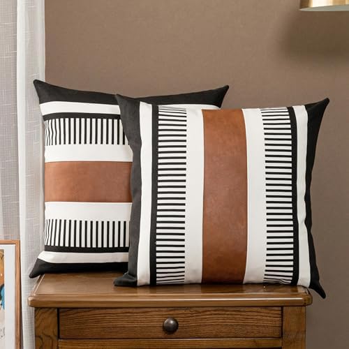 Set of 2 Striped Boho Throw Pillow Covers 16x16 inch, Modern Leather Pillow Cover for Couch Sofa Bed, Farmhouse Decor Patchwork Accent Pillowcase, Black