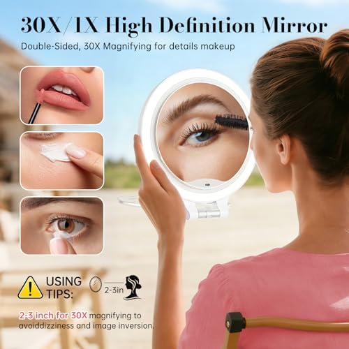 FASCINATE Rechargeable Travel Makeup Mirror 30X Magnification, 6.5" Lighted Portable Vanity Mirror with 3 Colors Lighting & Stepless Dimming, Double Sided LED Mirror, Gift for Women (White)