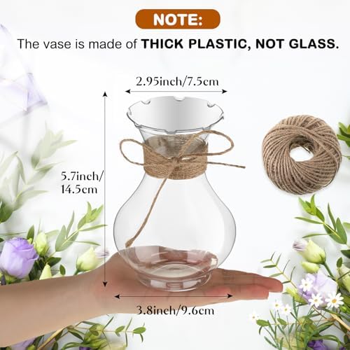 Bokon 5.7" Plastic Small Bud Vases Bulk for Centerpieces, 12 Pcs | Small Plastic Bud Vase for Flowers, Weddings, Receptions, Parties, Anniversary, Birthday, Festivals, Home Decor, with Rope