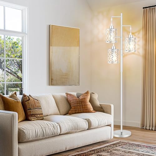 72" Modern Tree Floor Lamp, Dimmable Minimalist Tall Standing Lamp with Metal Cages & Rotary Dimmer Knob, Corner Decor Lighting for Living Room Bedroom Cafe, 3 x 800LM Bulbs Included-Silver