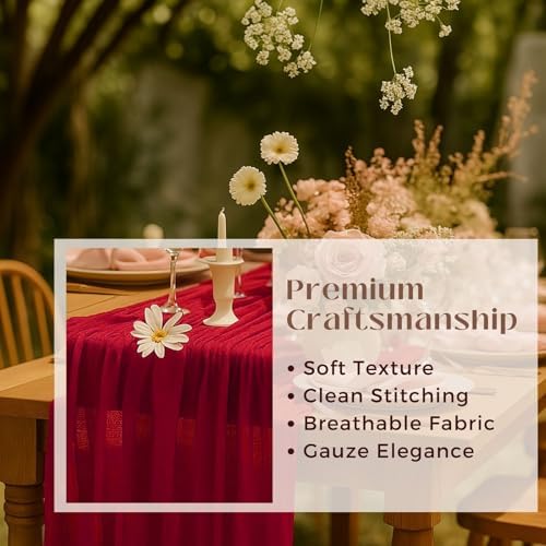 12 Pack Red Cheesecloth Table Runner Set – 10FT x 12pcs Gauze Boho Table Runners for Wedding Party Bridal Shower Baby Shower Dinner Holiday Rustic Decorations