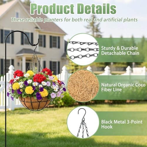 2 Pack 12 Inch Hanging Baskets for Plants Outdoor Metal Hanging Planters Round Hanging Flower Pots with Coco Coir Liner Plant Holder for Outdoor Patio Garden Balcony Decor - Circular