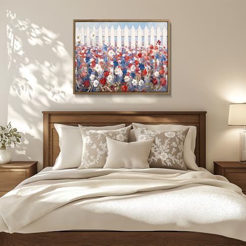 American Flag Framed Canvas Wall Art, 4th of July Patriotic Canvas Prints | Vintage Rustic Landscape Poster Print, Independence Day Wall Decor for Bedroom Living Room Dining Room Office 24×32in