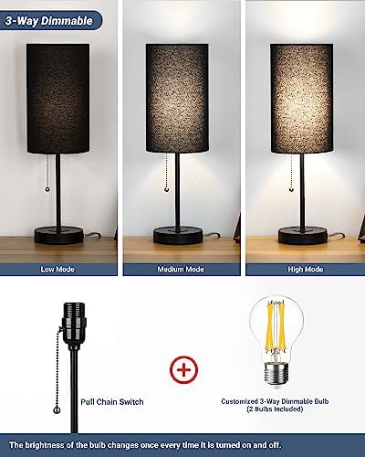 Small Table Lamps Set of 2 Desk Lamps for Living Room 3 Way Dimmable Black Nightstand Lamps with Metal Base Fabric Shade | Pull Chain Bedside Lamps for Bedrooms 18.5 Inches Lamp (Bulbs Included)