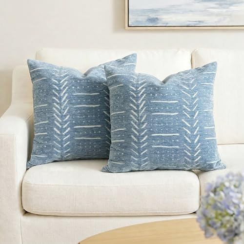 BlissBlush Coastal Blue Decorative Throw Pillow Covers 20x20 Set of 2, Soft Woven Chenille Accent Pillow Covers for Couch Sofa Bed, Textured Farmhouse Cushion Covers for Living Room