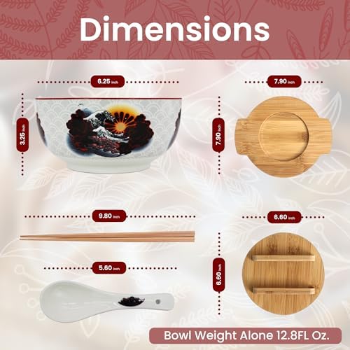XWORLD Japanese Ceramic Ramen Noodle Bowls Set with Ceramic Spoon, Bamboo Chopsticks, Lid & Trivet, Serving Capacity of 33.8 OZ, Microwavable Oven Safety (3.3” x 6.6” D) (Landscape)