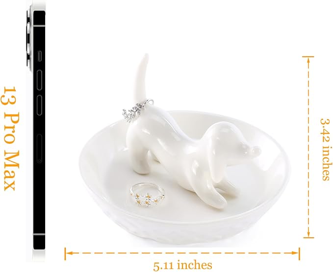 HOME SMILE Dog Ring Holder,Ceramic White Jewelry Tray Holder,Dog Mom Gifts for Women Christmas Valentines Mothers Day