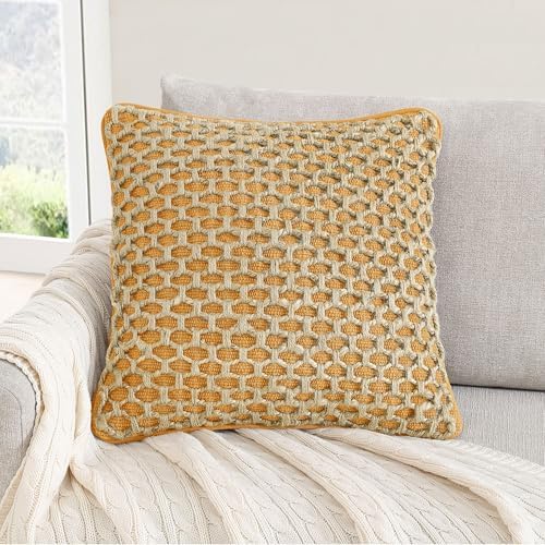Boho Living Jada Premium Woven Design, Decorative Throw, Living Room Décor, (1) 20" x 20" Pillow Cover with Insert, Mustard Yellow
