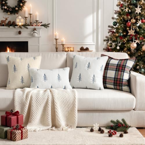 MIULEE Christmas Lumbar Faux Fur Pillow Covers 12x20 Inch White Blue