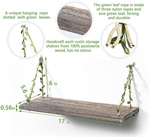 Leaf Rope Hanging Wall Floating Shelves, 2-Pack (Retro Color)