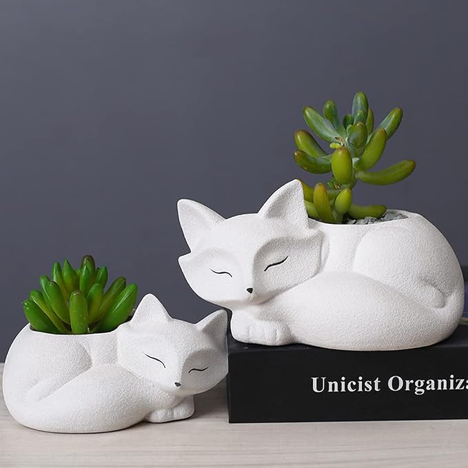 Gemseek Cute White Ceramic Fox Succulent Planter Pot with Drainage Tray