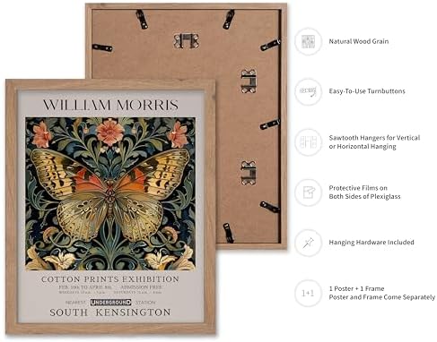 Monem Art William Morris Poster - Butterfly Print - Flower Art - Botanical Poster - Moth Illustration - Floral Creation - Aesthetic Living Room Decor - 16x20 Beige Framed