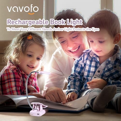 VAVOFO Rechargeable Book Light, Blue Light Blocking, Amber 1600K Clip On Reading Light, Eye Care 7 LEDs Kids Book Light for Reading in Bed with Power Indicator for Bookworms (Pink Purple)