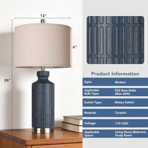 26" Navy Blue Ceramic Table Lamp Set of 2, Modern Desk Lamp, Metal Base