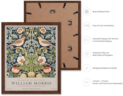 Poster Master William Morris Poster - Strawberry Thief Print - Bird Art - Botanical Design - Flower Art - Exhibition Display - Animal Illustration - Floral Design - Office or Bedroom Wall Decor - 8x10 Brown Framed