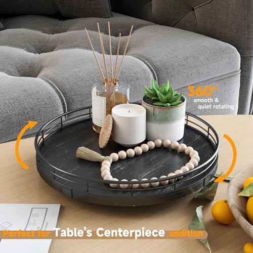 AMH 10-Inch Oak Lazy Susan Vanity Tray with Black Brushed Gold Rail