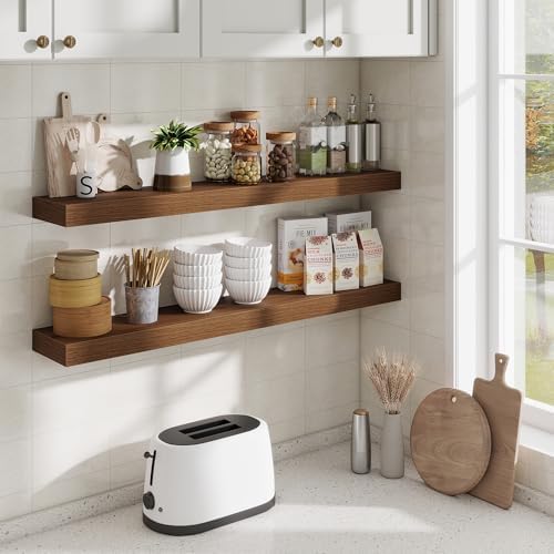 Fun Memories 40 Inch Floating Shelves, Long Wood Wall Shelf Set of 2 with Invisible Brackets, for Bathroom, Living Room, Bedroom, Kitchen, Walnut