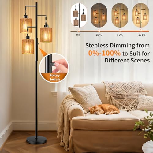 Hotsonic 72" Boho Rattan Tree Floor Lamp, Tall Dimmable Industrial Standing Lamp, Corner Decor Accent Lighting for Living Room, Bedroom, Dining Room, Nursery, Cafe (3 x 800LM Bulbs Included) - Black