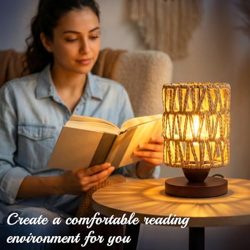 Small Rattan Lamp for Bedroom,Dimmable LED Boho Table Lamp for Living Room