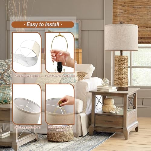 27.5'' Tall Natural Rattan Table Lamps Set of 2, Hand - Woven Wicker Lamp with Linen Shade, Rustic Coastal Boho Style Table Lamps for Bedroom, Living Room, Home Decor
