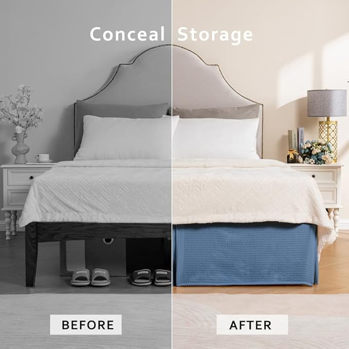 MIYE Pleated Waffle Weave Bed Skirt, Tailored Dust Ruffle 14 Inch Drop Easy Fit, Machine Washable (Blue, King - 14" Drop)