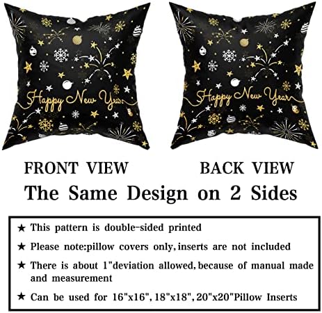 Giwawa 2 PCs Happy New Year Pillow Covers 16"x16" Winter Snowflake Firework Throw Pillowcase with Colorful Star Christmas Ball Square Black Gold Cushion Cover for Sofa Couch Car Bed Home Xmas Decor