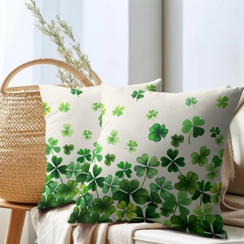 Lucky Clover Shamrocks Throw Pillow Covers St. Patrick's Day Pillowcase 20x20inch Set of 2 Green Spring Holiday Decorative Cotton-Linen Square Cushion Cases for Home Couch Bed