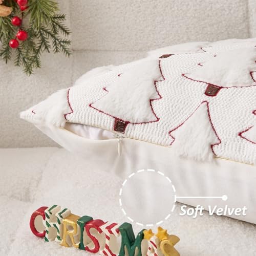 Kevin Textile Christmas Tree Pillow Covers 18x18 Inch Set of 2 Luxury Embroidery Soft Plush Faux Fur Decoration Pillowcases for Couch Sofa Holiday Festivals Winter Xmas Gift, Cream White & Red