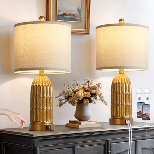 Cinkeda Table Lamps for Bedroom Set of 2, Farmhouse 3-Way Dimmable Touch Nightstand Lamp with 2 USB Charging Ports, Vintage Rustic Traditional Bedside Lamp for Living Room End Table