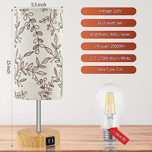 Bedside Touch Lamp, Wood Small Table lamp for Bedroom with 2 USB Charging Ports & Flower Fabric Shade, 3-Way Dimmable Nightstand Lamps for Living Room Office Reading Desk Home Dorm(LED Bulb Included)