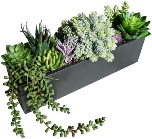 Winlyn 14" Artificial Succulent Plants Arrangement Assorted Faux Succulents in Rustic Black Rectangular Wooden Planter Box Faux Potted Plant Decor for Farmhouse Home Windowsill Shelf Table Centerpiece