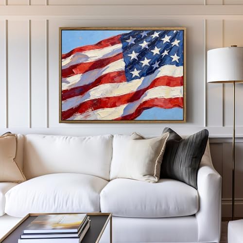 American Flag Framed Canvas Wall Art, 4th of July Patriotic Canvas Prints | USA Flag with Picture Poster Print, Modern Independence Day Wall Decor for Bedroom Living Room Office 16×20in