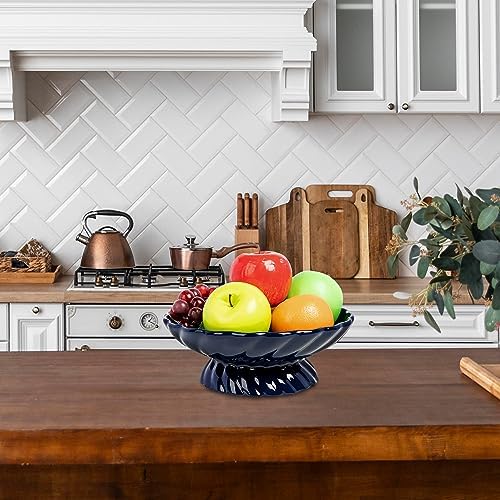 9.5-Inch Ceramic Fruits Bowl, Decorative Serving Plate, Centerpiece Fruits Tray or Fruit Basket for Kitchen Counters, Farmhouses, Dining Table, Blue