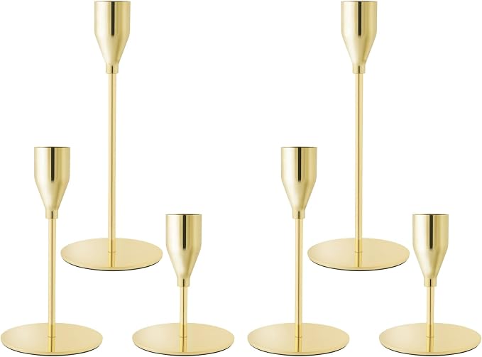 Gold Candlestick Holders, Metal Taper Candle Holders, Set of 6 | Elegant gold candle stands, 3 heights, for wedding centerpieces, dining tables, mantels, parties, Thanksgiving and home decor