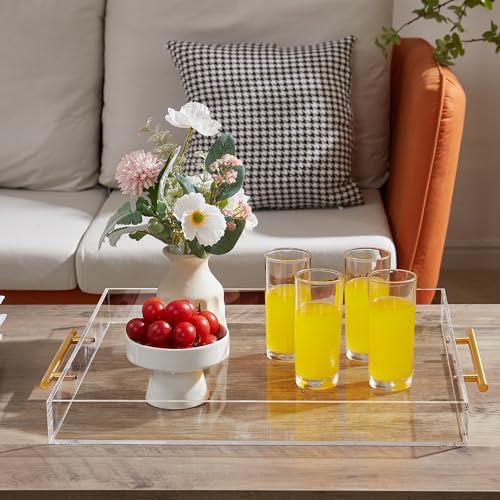Extra Large Clear Acrylic Serving Tray (18×18 Inches) with Gold Handles Spill Proof Acrylic Over Size Big Decorative Tray Organiser for Ottoman Coffee Table Countertop