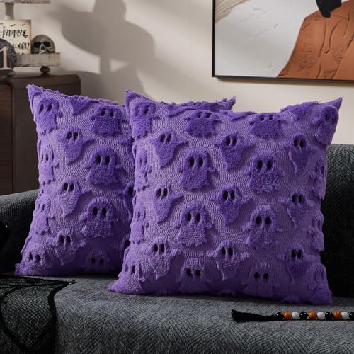DFXSZ Halloween Pillow Covers 16x16 inch 2Pcs Purple Ghost Halloween Decor